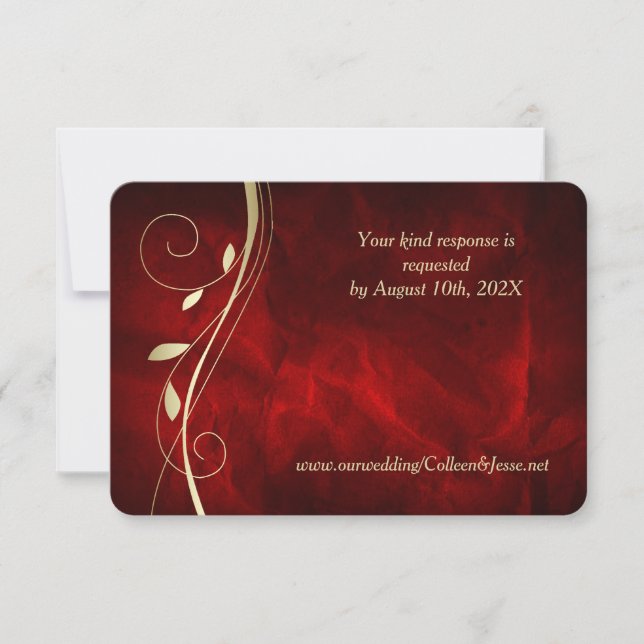Gold Leaf Swirl Deep Red Wedding RSVP Card (Front)