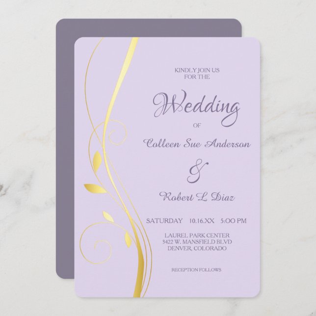 Gold Leaf Swirl Pale Orchid Wedding Invitation (Front/Back)