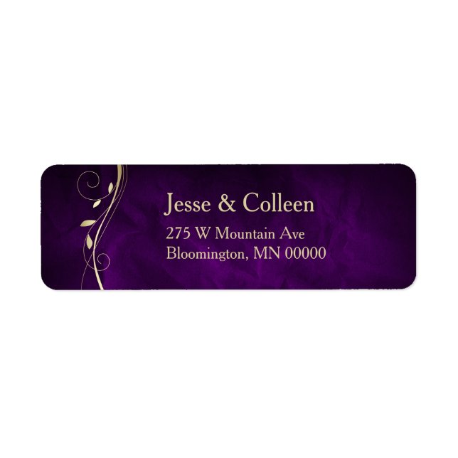Gold Leaf Swirl Purple Wedding Return Label (Front)