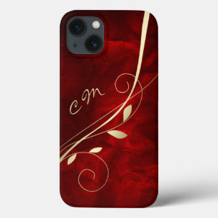 Gold Leaf Swirl Red Monogram iPhone 13 Case