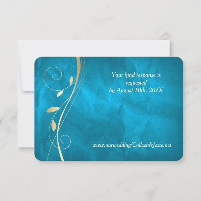 Gold Leaf Swirl Teal Blue Wedding RSVP Card (Front)