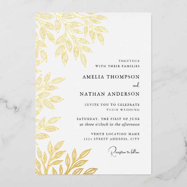 Gold Leaf Wedding  Foil Invitation (Front)