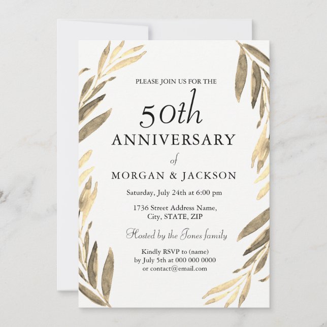 Gold Leaf Wreath 50th Wedding Anniversary Invite (Front)