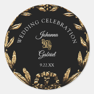 Gold Leaf Wreath Black Elegant Wedding Typography Classic Round Sticker