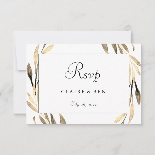 Gold leaf Wreath Border Wedding RSVP Card (Front)
