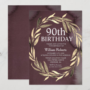 Gold Leaf Wreath Male 90th Birthday Party Invite