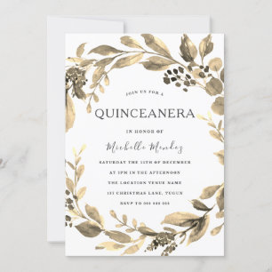 Gold Leaf Wreath Modern Quinceanera Party Invitation