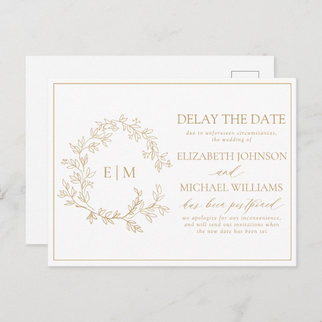 Gold Leafy Crest Monogram Delay The Date Invitation Postcard (Front/Back)