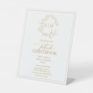 Gold Leafy Crest Monogram Photo Guestbook Pedestal Sign