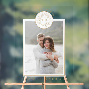 Gold Leafy Crest Monogram Photo Wedding Acrylic Sign