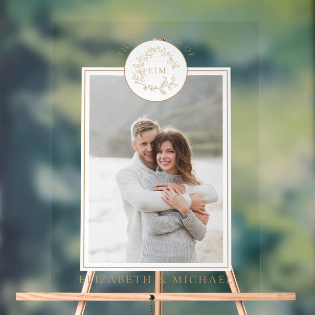 Gold Leafy Crest Monogram Photo Wedding Acrylic Sign (Wedding Sign!)