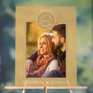 Gold Leafy Crest Monogram Photo Wedding Acrylic Sign