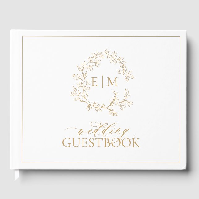 Gold Leafy Crest Monogram Wedding Guest Book (Front)