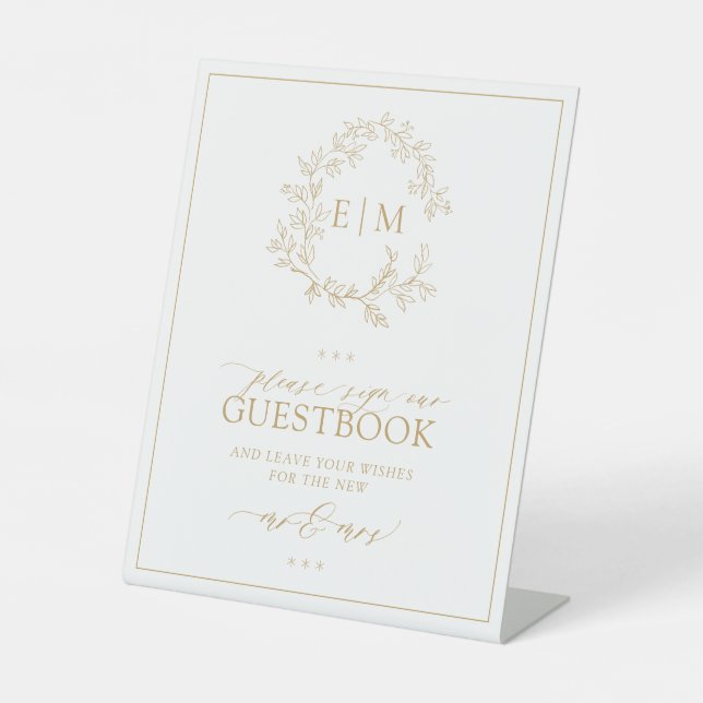 Gold Leafy Crest Monogram Wedding Guestbook Pedestal Sign (Front)