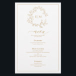 Gold Leafy Crest Monogram Wedding Menu<br><div class="desc">Create the perfect reception setting! We're loving this trendy, modern gold 5.5"x 8.5" wedding menu! Simple, elegant, and oh-so-pretty, it features a hand drawn leafy wreath encircling a modern wedding monogram. It is personalized in elegant typography, and accented with hand-lettered calligraphy. Finally, it is trimmed in a delicate frame. Veiw...</div>