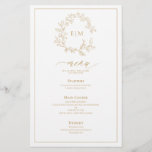 Gold Leafy Crest Monogram Wedding Menu<br><div class="desc">Create the perfect reception setting! We're loving this trendy, modern gold 5.5"x 8.5" wedding menu! Simple, elegant, and oh-so-pretty, it features a hand drawn leafy wreath encircling a modern wedding monogram. It is personalized in elegant typography, and accented with hand-lettered calligraphy. Finally, it is trimmed in a delicate frame. Veiw...</div>