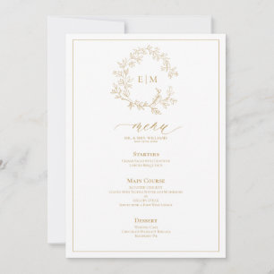 Gold Leafy Crest Monogram Wedding Menu Invitation