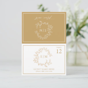 Gold Leafy Crest Monogram Wedding Place Card