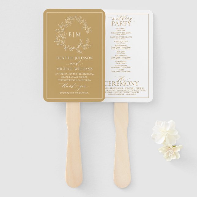 Gold Leafy Crest Monogram Wedding Program Hand Fan (Front and Back)
