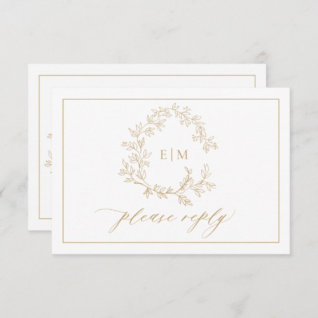 Gold Leafy Crest Monogram Wedding RSVP Card (Front/Back)
