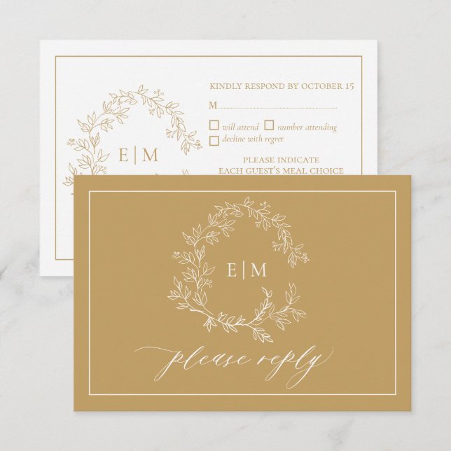 Gold Leafy Crest Monogram Wedding RSVP Card (Front/Back)