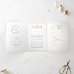 Gold Leafy Crest Monogram Wedding Tri-Fold Invitation