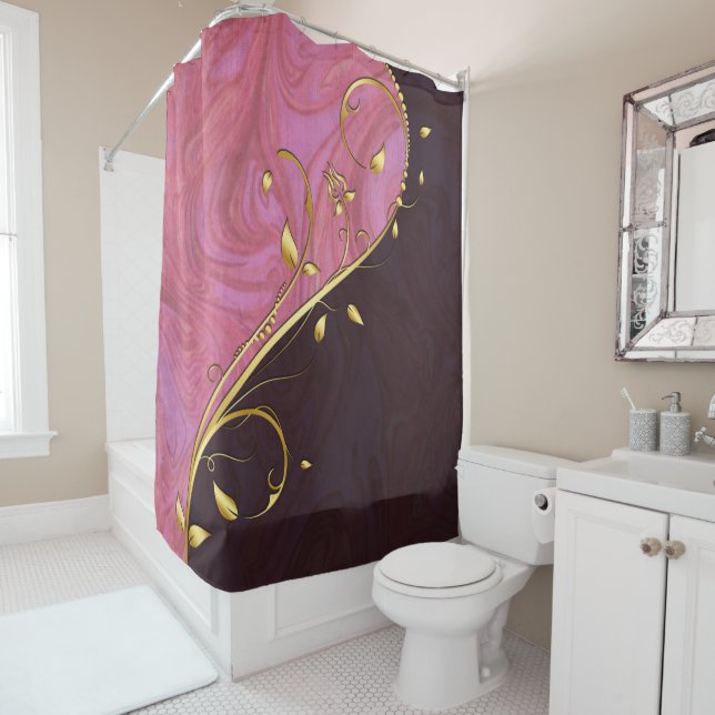 Gold Leafy Flourish on Pink Burgundy Swirl Shower Curtain (In Situ)