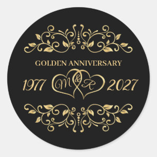 Gold leafy swirls, hearts 50th Wedding Anniversary Classic Round Sticker
