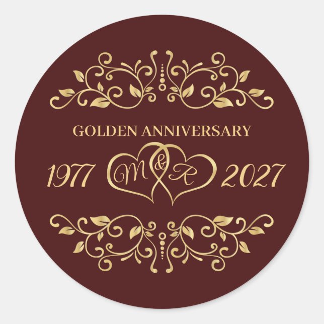 Gold leafy swirls, hearts 50th Wedding Anniversary Classic Round Sticker (Front)