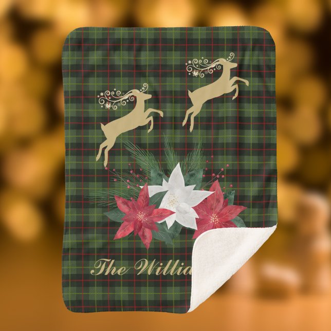 Gold Leaping Reindeer with Poinsettias Sherpa Blanket (Your family name appear in a gold color)