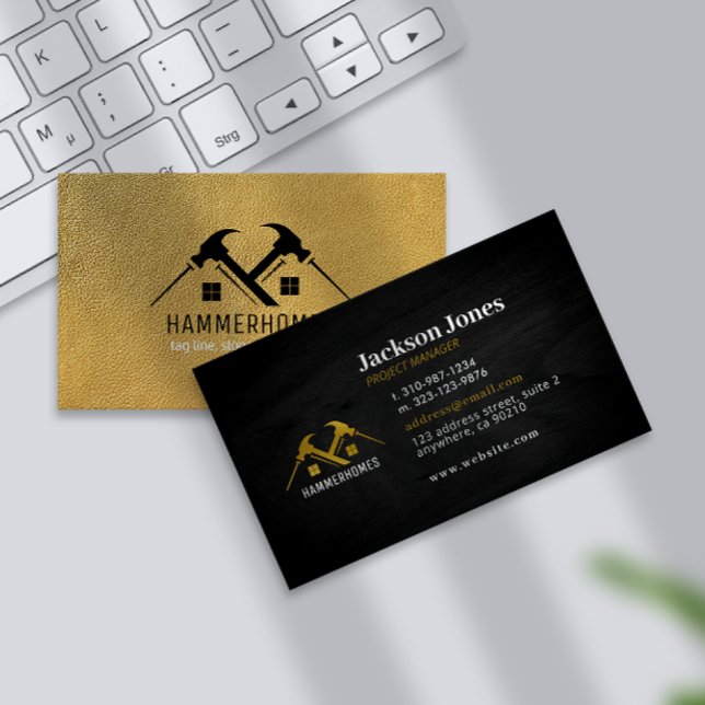 Gold Leather and Black Wood Luxury Home Renovation Business Card (Creator Uploaded)