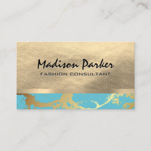 Gold Leather and Metallic   Gold Teal Marble Business Card