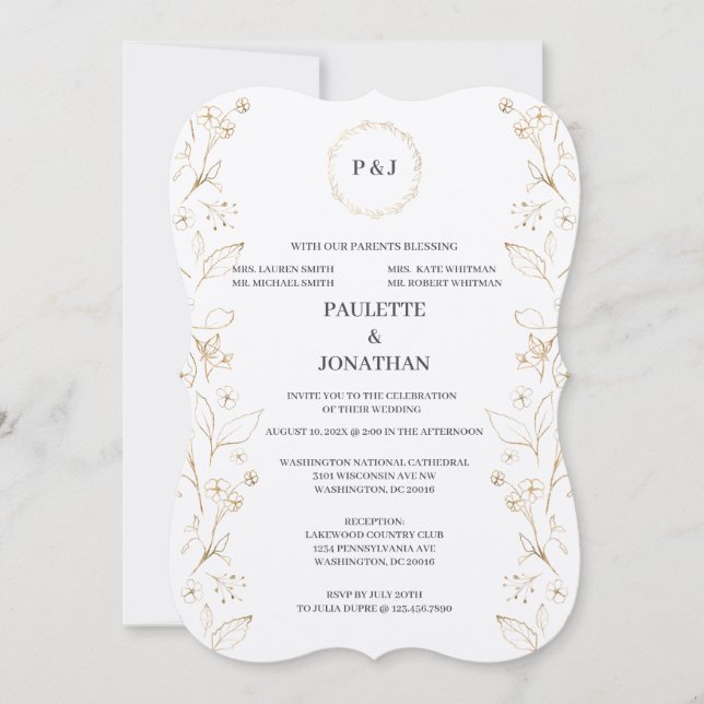 Gold leave elegant wedding invitation (Front)