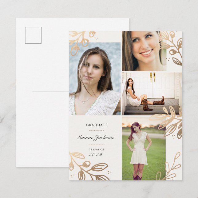 Gold Leaves 4 Photo Grad Announcement Postcard (Front/Back)