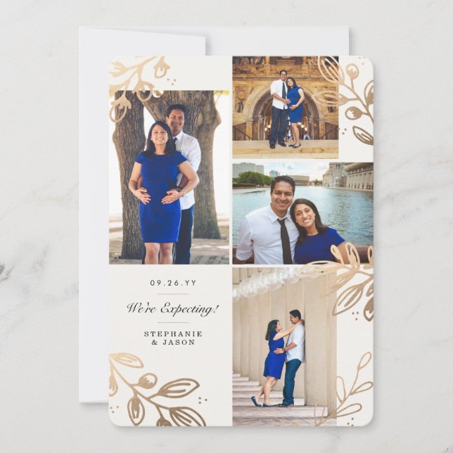 Gold Leaves 4 Photo Pregnancy Announcement (Front)