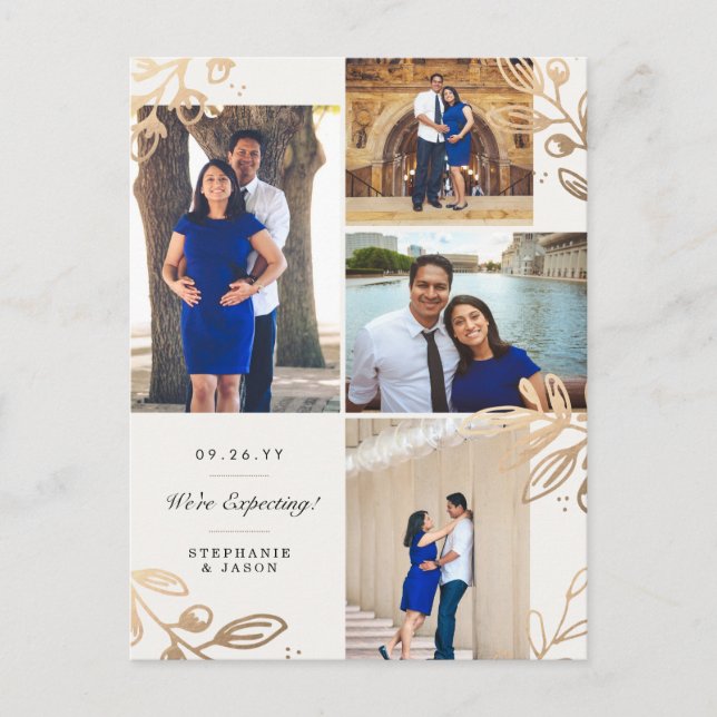 Gold Leaves 4 Photo Pregnancy Announcement (Front)