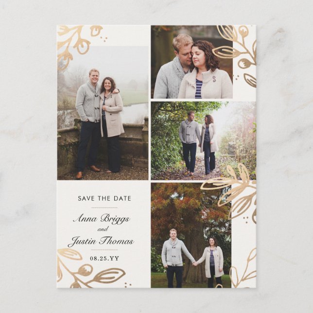 Gold Leaves 4 Photo Save the Date Announcement Postcard (Front)