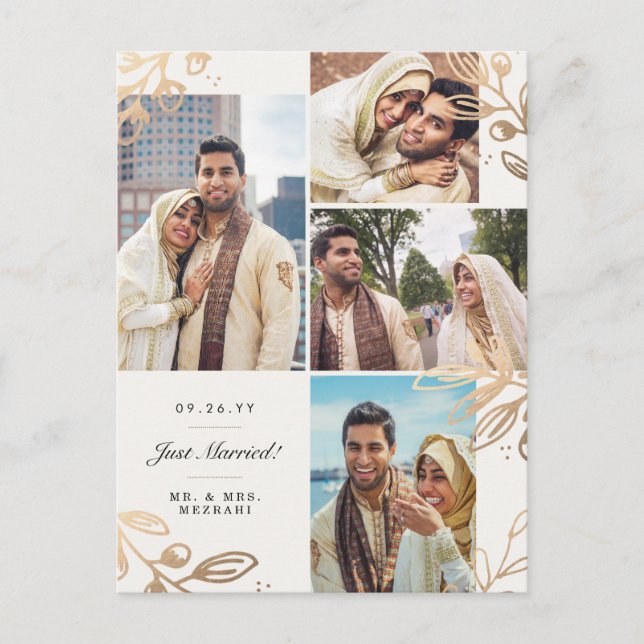 Gold Leaves 4 Photo Wedding Announcement (Front)