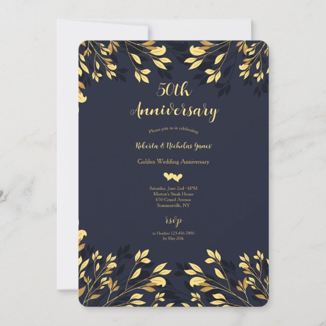 Gold Leaves 50th Wedding Anniversary Invitation (Front)