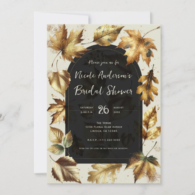 Gold Leaves Almond Beige Black Fall Bridal Shower Invitation (Front)