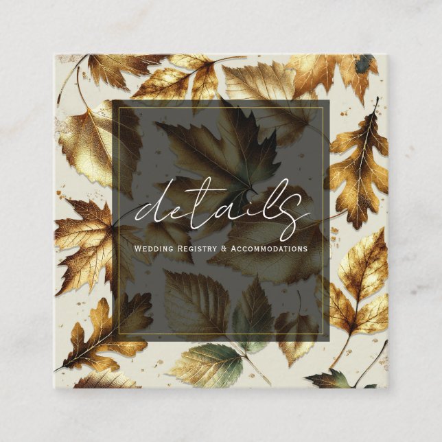 Gold Leaves Almond Beige Black Fall Wedding Detail Square Business Card (Front)