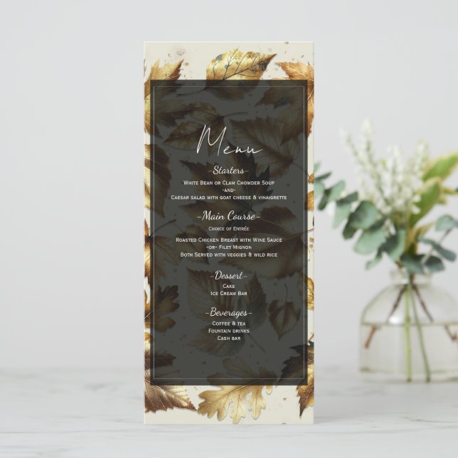 Gold Leaves Almond Beige & Black Fall Wedding Menu (Standing Front)