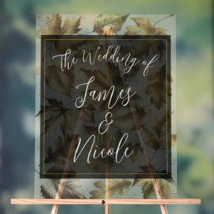 Gold Leaves Almond Beige & Black Glam Fall Wedding Acrylic Sign