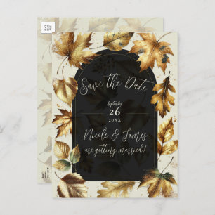 Gold Leaves Almond & Beige Black Glam Fall Wedding Announcement Postcard