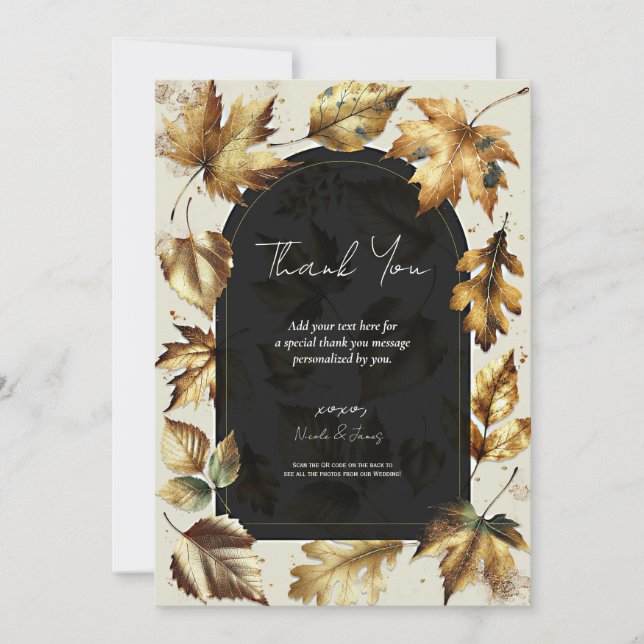 Gold Leaves Almond Beige & Black Glam Thank You Invitation (Front)