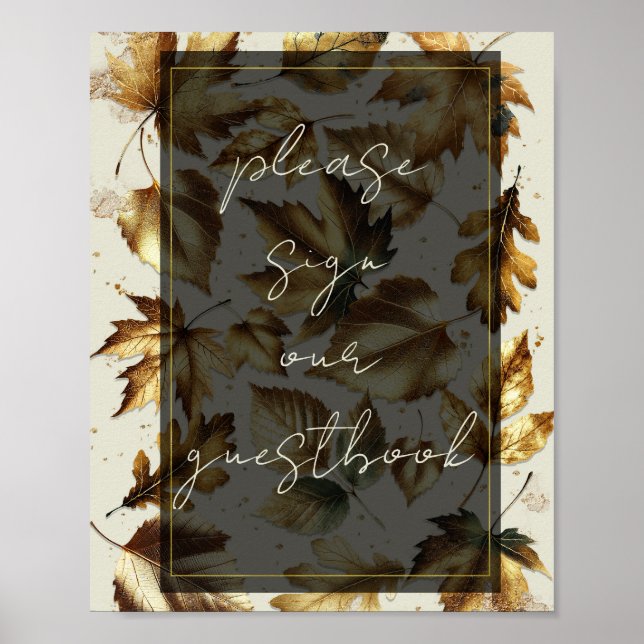 Gold Leaves Almond Beige & Black Guestbook Sign (Front)