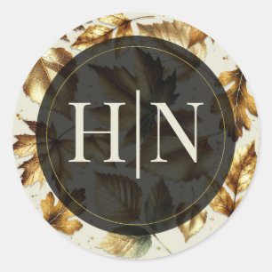 Gold Leaves Almond Beige Cream Black Fall Wedding Classic Round Sticker