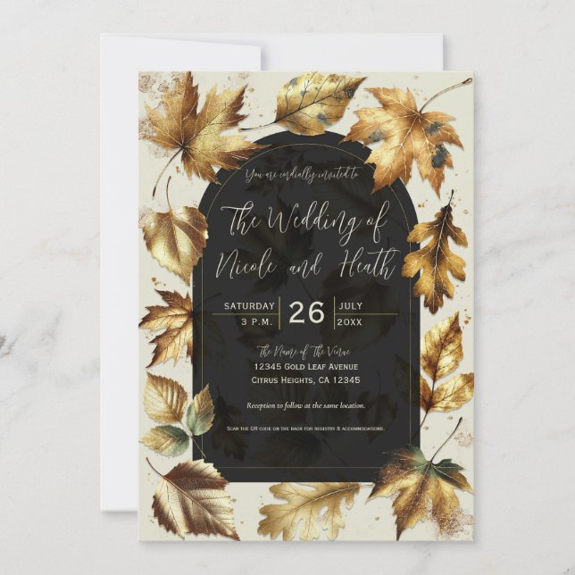 Gold Leaves Almond Beige Cream Black Fall Wedding Invitation (Front)