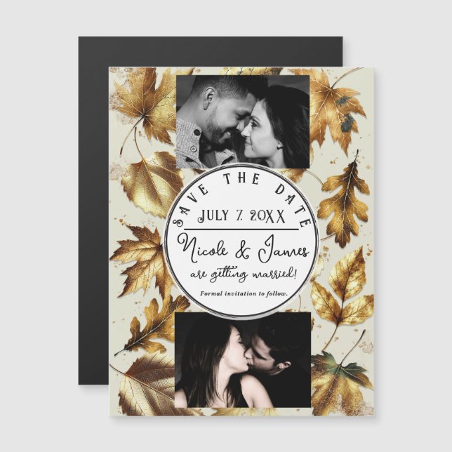 Gold Leaves Almond Beige Cream Fall Save the Date  (Front/Back)