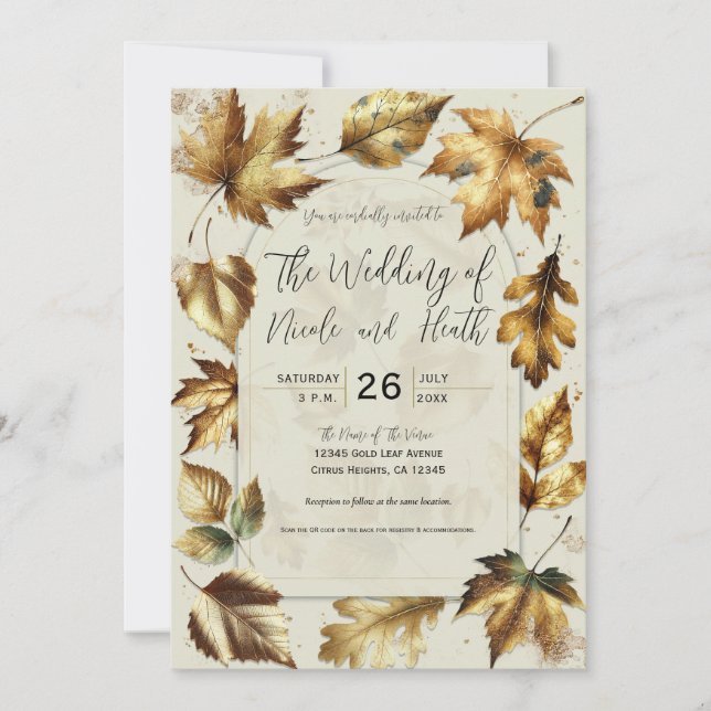 Gold Leaves Almond Beige Cream Glam Fall Wedding Invitation (Front)